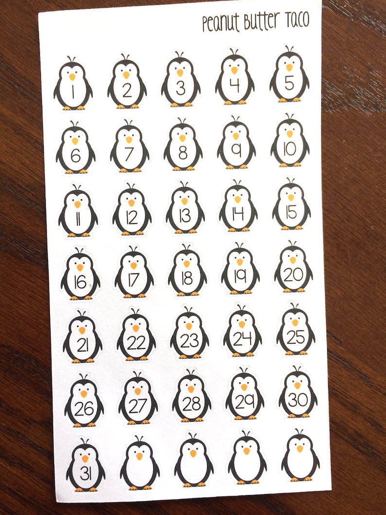 Penguin Number Planner Stickers Penguin Date Cover Stickers Penguin Countdown Planner Stickers Penguin Stickers image 1