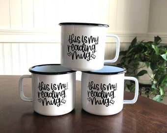 This is my Reading Mug - Double Sided - Enameled Steel White Cup with Black Rim - Bookworm Camping Mug - Bookish Gift - Reader Gift