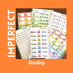 May include: A collection of colorful planner stickers with book-related themes. The stickers feature phrases like "read," "finished," and "buy more books," along with illustrations of books and laptops. The word "IMPERFECT" and "Reading" are also visible.