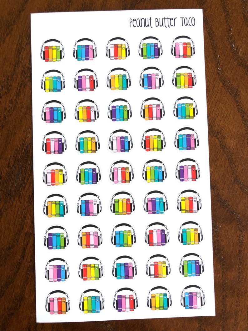 May include: A sheet of 40 colorful stickers featuring a stack of books with headphones on top. The text "Peanut Butter Taco" is at the top of the sheet.