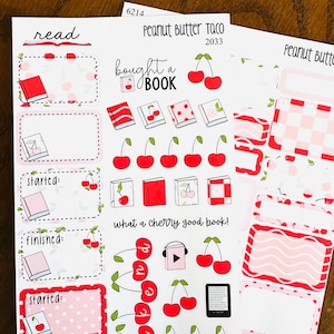 Cherry Bookish Sampler Planner Stickers - Cherries Themed Reading Sticker Kit - Red Reading Stickers - Book Stickers - Started Finished