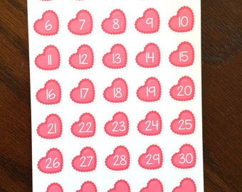 Fecha del corazón cubre pegatinas del planificador- Números del día de San Valentín - Pegatinas de febrero - Pegatinas del corazón - Fecha Cover Ups - Cuenta hacia abajo pegatinas