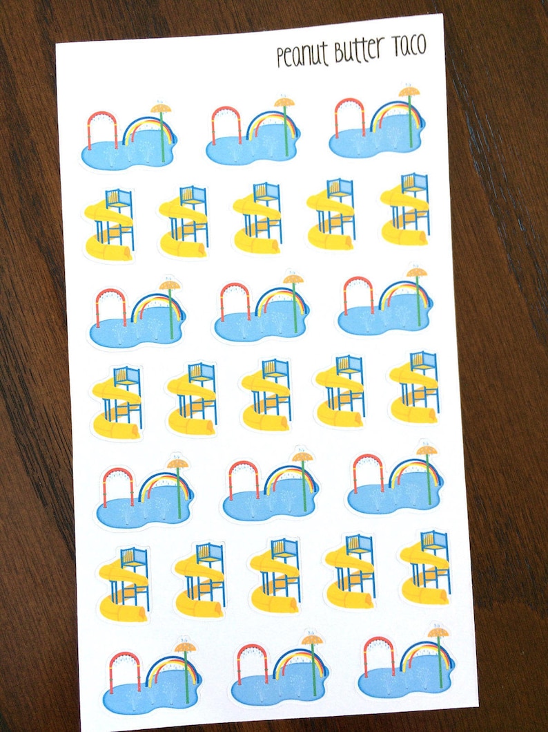 May include: Sheet of stickers featuring cartoon illustrations of water park elements. Designs include blue pools with rainbows and umbrellas, and yellow water slides with ladders. The text "Peanut Butter Taco" is printed at the top.