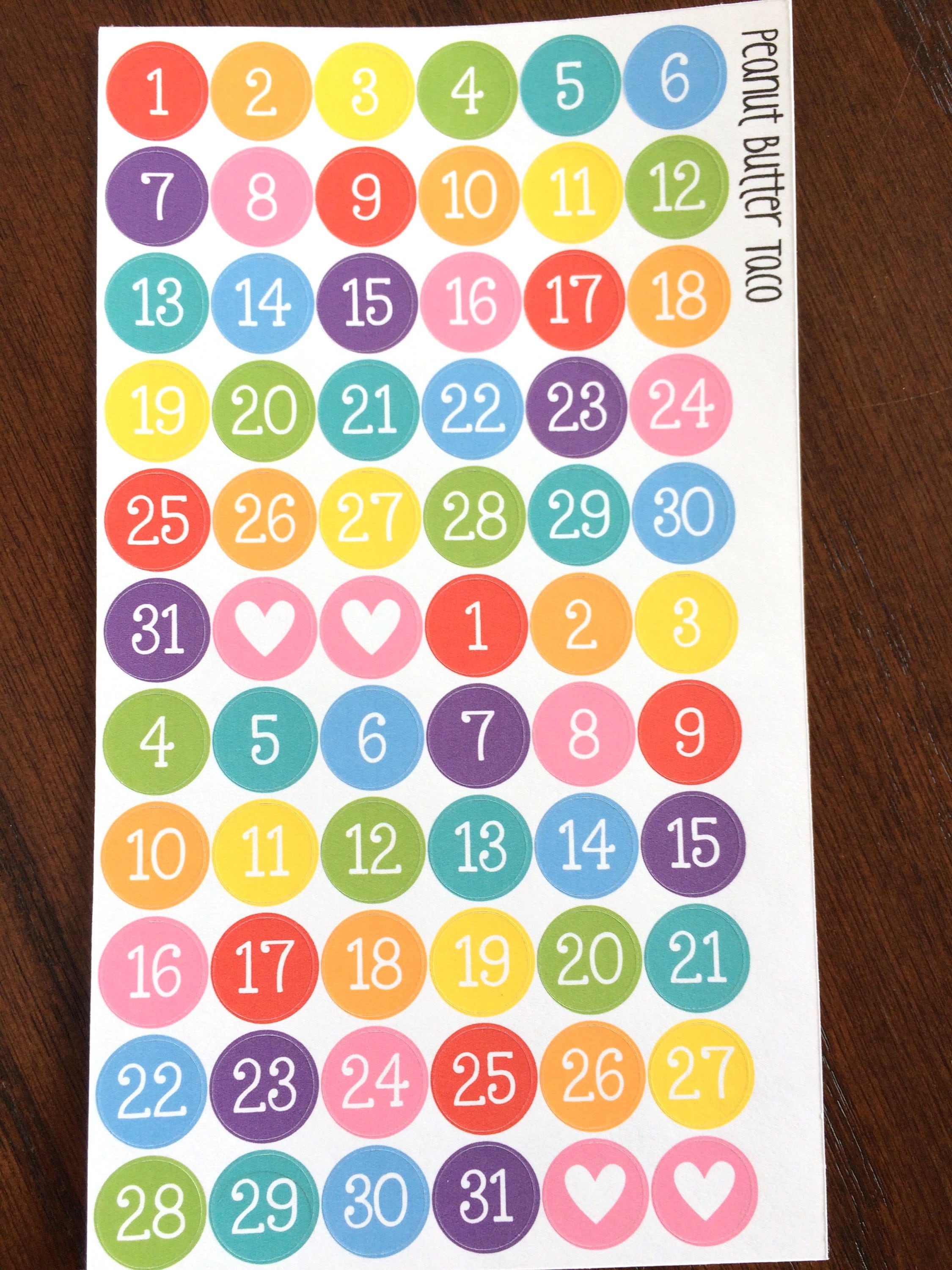 Color Choice Tiny Date Stickers Countdown Stickers Small Number Stickers  Calendar Stickers Monthly View Stickers Date Dots 