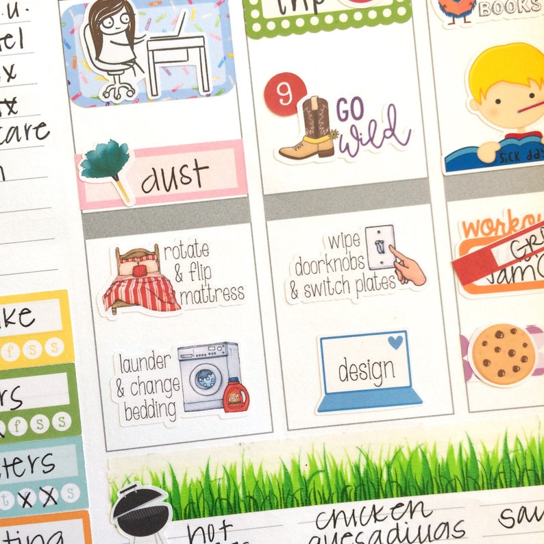 May include: A collection of colorful stickers with various tasks and activities, including "dust", "rotate & flip mattress", "wipe doorknobs & switch plates", "design", "go wild", "work on jam", and "hot chicken quesadillas".