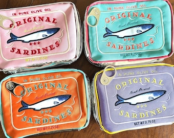 Sardine Can Zipper Pouch - Nautical Pencil Pouch - Embroidered Sardine Can Pouch - Novelty Make Up Bag - Canned Sardines - Quirky Gift Bag