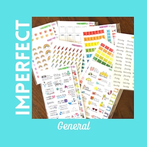 May include: A collection of planner stickers with various designs, including rainbows, pencils, and seasonal themes. The stickers are in clear packaging and feature text like "Hello Summer!" and "Let it Snow." The word "IMPERFECT" is displayed.