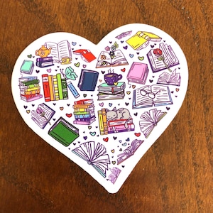 Amoureux des livres coeur en vinyle - Sticker livresques - Doodles sticker pour ordinateur portable - Stickers vinyle pour cahier de lecture - Sticker rat de bibliothèque - chat