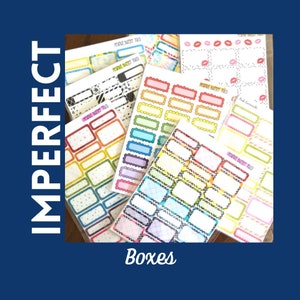 May include: A collection of colorful sticker sheets with rectangular and scalloped-edge labels. The sheets feature various patterns and colors, including plaid, tie-dye, and solid hues. The text "IMPERFECT" and "Boxes" are displayed on a dark blue background.