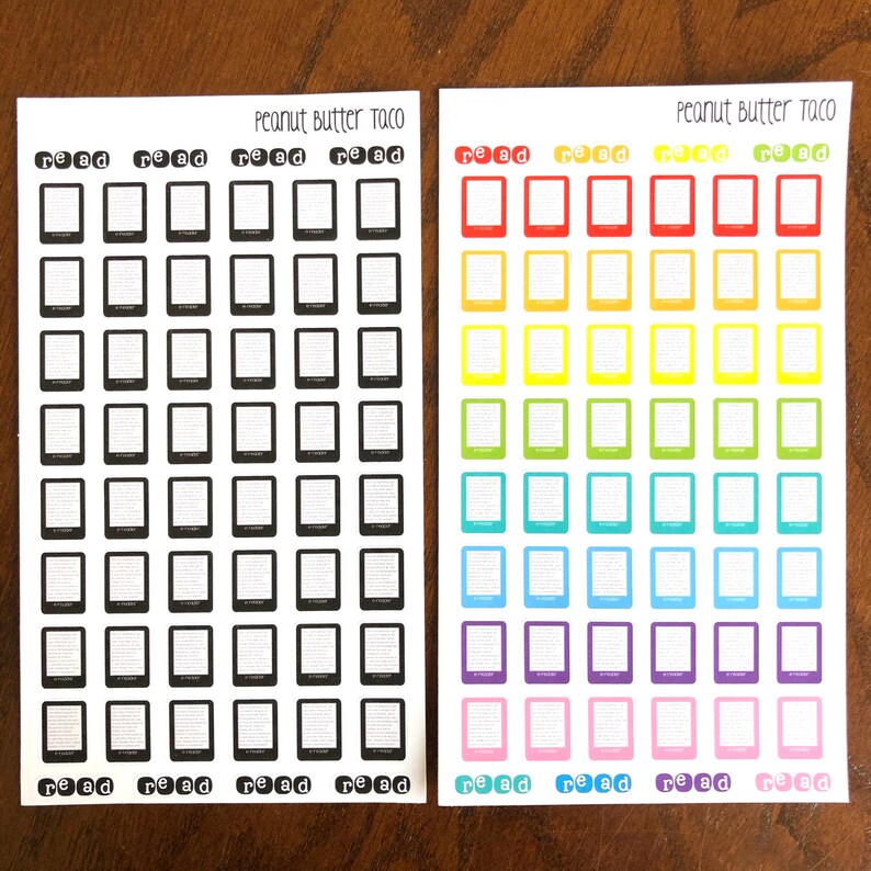 May include: Two sheets of stickers with a rainbow of colors and the words "Peanut Butter Taco" and "read" repeated across the top. The stickers are in the shape of a book with a white background and a colored border.