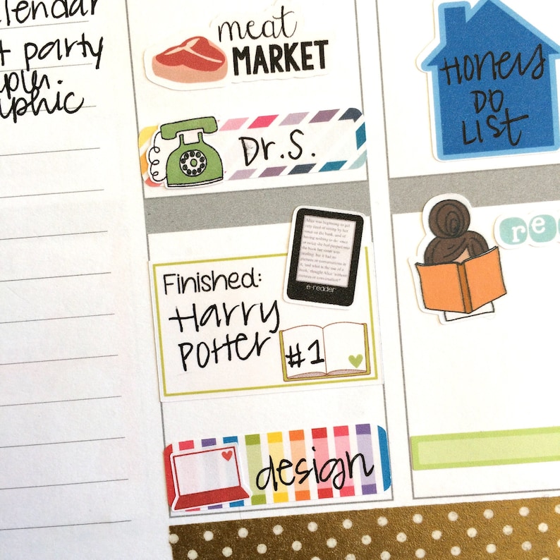 May include: A planner page with colorful stickers. The stickers include a meat market, a phone, a book, a house with the words "Honey Do List", and a laptop with the word "design".