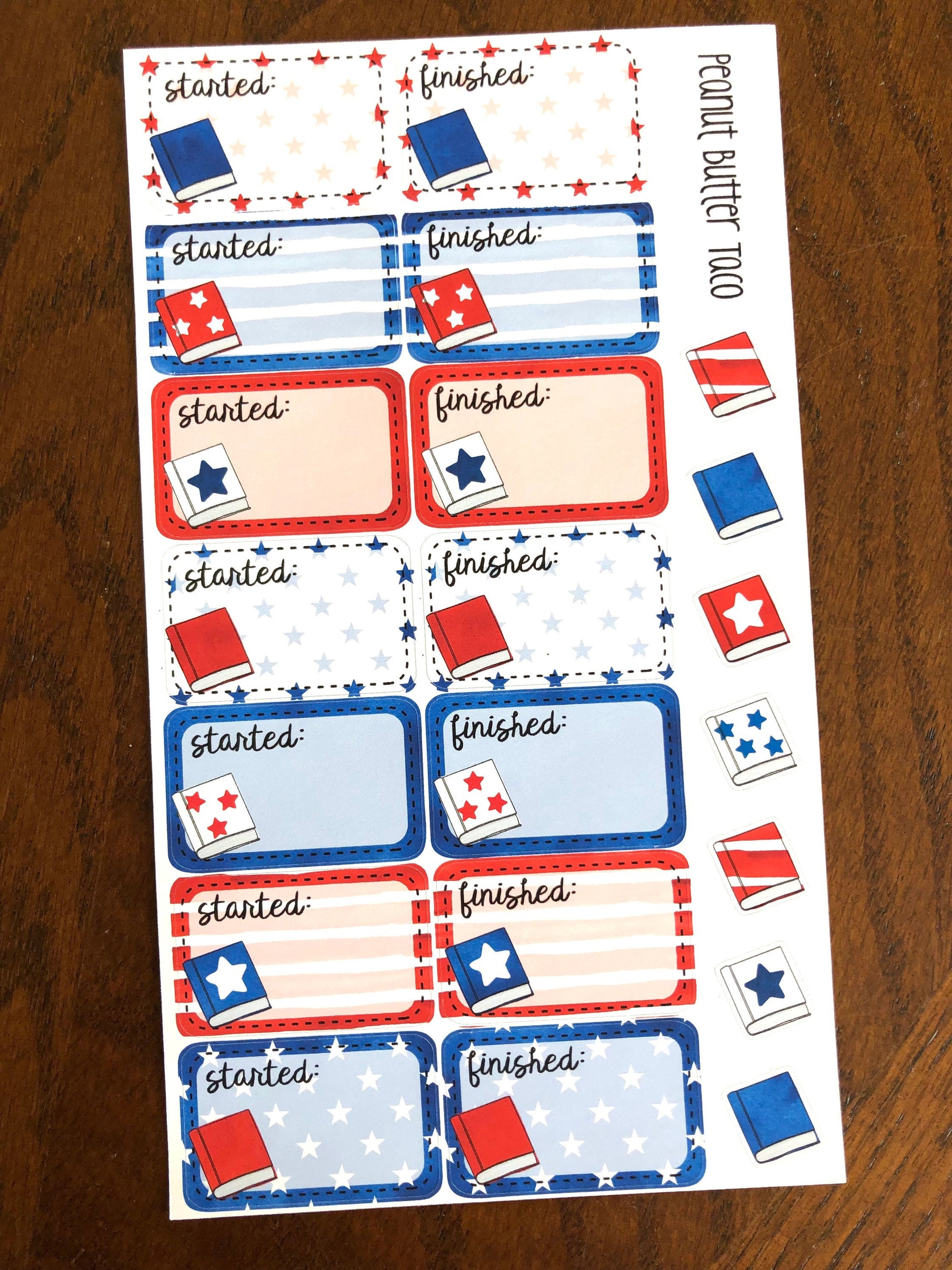 Stars & Stripes Started Finished Reading Planner Stickers - American Flag Planner Stickers - Independence Day Book Stickers - Red White Blue