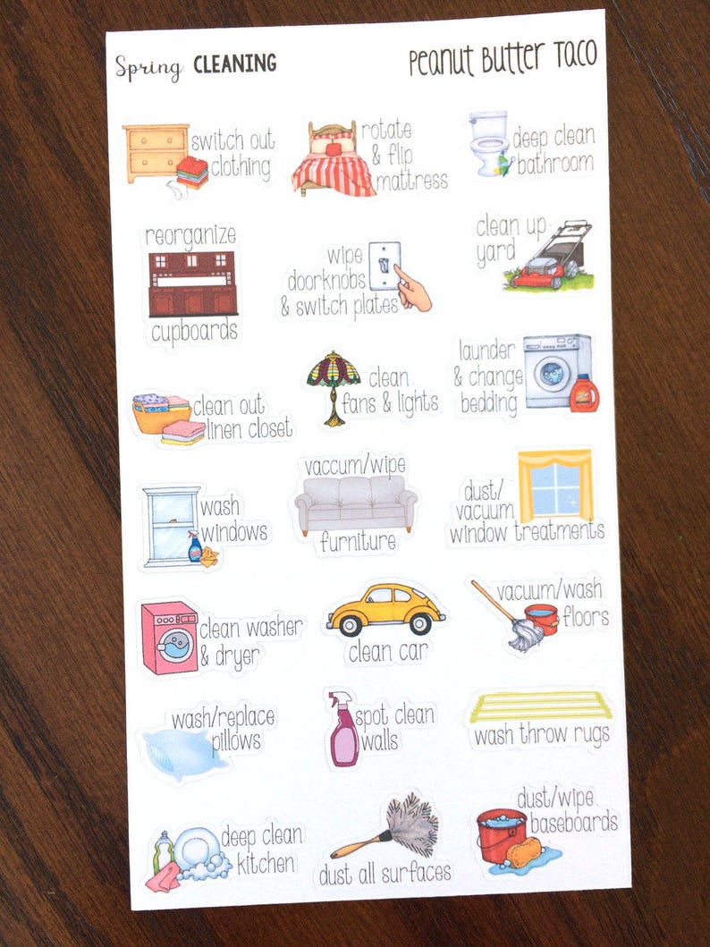 May include: A printable checklist with colorful illustrations for spring cleaning tasks. The checklist includes tasks like cleaning the kitchen, bathroom, windows, and laundry. The title of the checklist is "Spring Cleaning".
