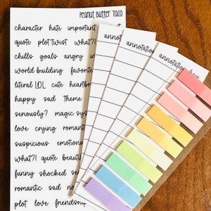 May include: A set of eight colorful sticky notes with the words "annotation" and "Peanut Butter Taco" written on them. The notes are arranged in a rainbow pattern, with the colors ranging from purple to pink.