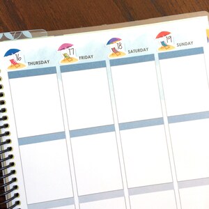 May include: A weekly planner with colorful beach umbrella stickers for each day of the week. The stickers have numbers 16 through 19 on them. The planner has the days of the week labeled: Thursday, Friday, Saturday, and Sunday.