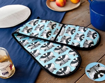 Raccoon Print Double Oven Gloves - oven mitt - pot holder - animal print - kitchenware - kitchen textiles - baking mitts - patterned