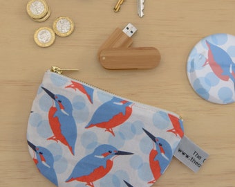 Kingfisher print purse - half circle purse - semi circle purse - zip pouch - change, coin purse - wallet - zipper pouch - coin pouch - bird