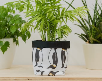 Penguin Print Textile Plant Pot - fabric plant pot - storage basket - waterproof - herb - house warming gift - plant lover - succulent