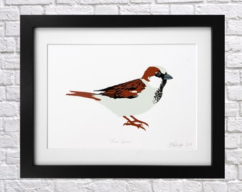 Haussperling Siebdruck - Vogel Bild - Wandbild - Wandbild - Waldvogel - Tierbild - Geschenk für Papa - Britischer Vogel