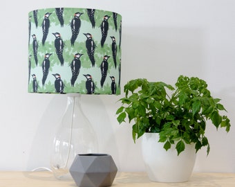 Woodpecker Print Lampshade - bird table lamp - handmade bird light - animal lampshade - children's lampshade - standard, ceiling, table