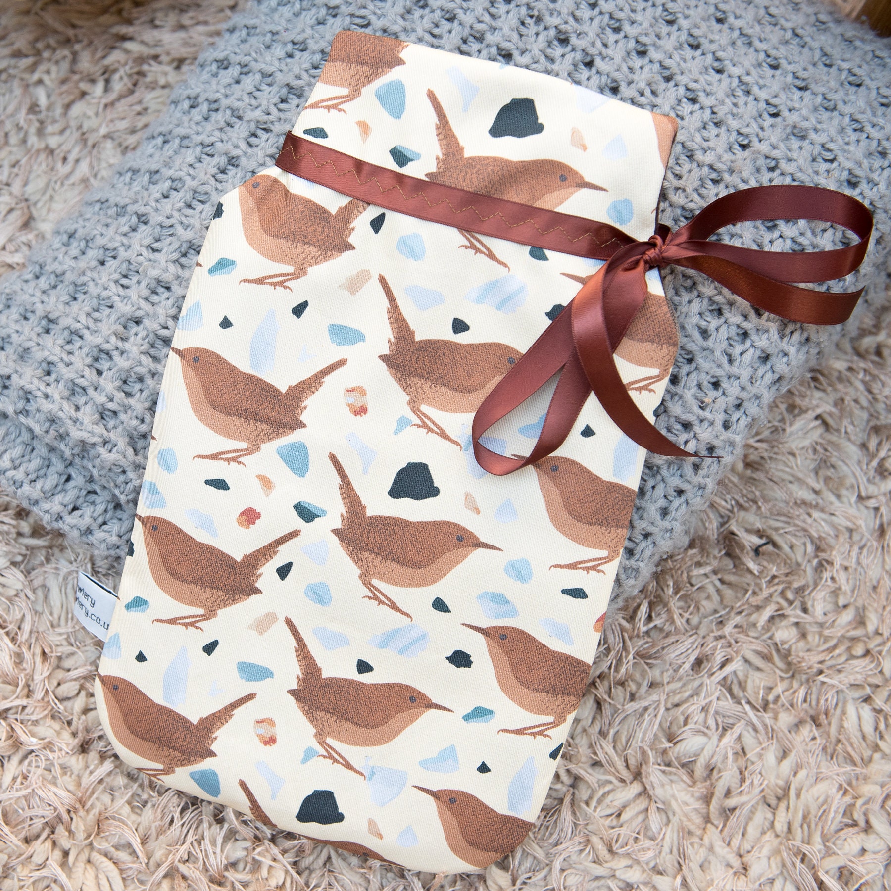Wren Print Hot Water Bottle - bird gift - water bottle cover - heat pack - gift for mum, grandma, dad, grandad - Christmas gift