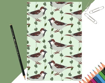 House Sparrow Print Notebook - printed notebook - gift for teacher, stationary lover gift - recycled - woodland animal - screen print