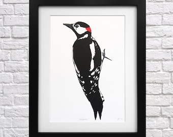 Woodpecker Screen Print – British Woodland Bird Art, Black and Red