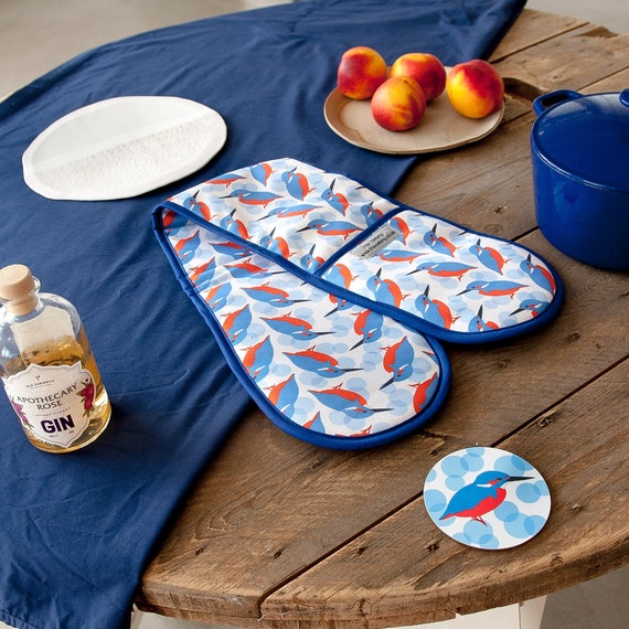 Kingfisher Print Double Oven Gloves Oven Mitt Pot Holder Bird Print  Kitchenware Kitchen Textiles Baking Mitts Patterned 