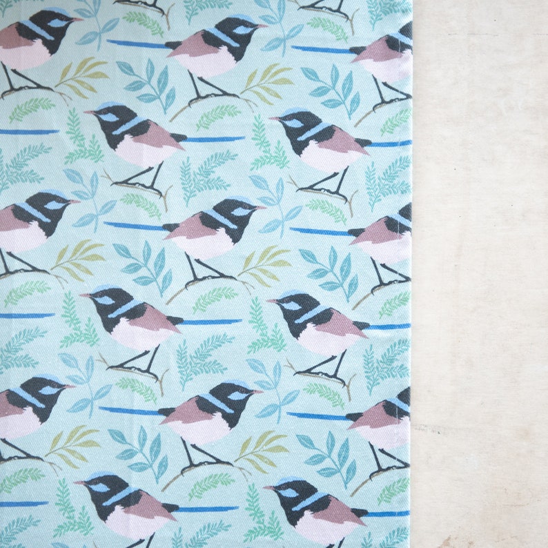 Fairy Wren Print cotton Drill , fabric by the meter, bird, cotton, craft, exclusive, interior fabrics, home interiors, kids, patterned image 1