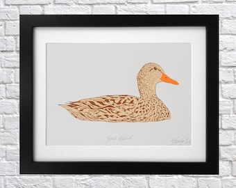 Female Mallard Duck Screen Print - animal - bird picture - wall art - modern - gift for bird lover, dad - water river bird - illustration
