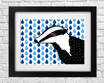 Rainy Days Badger Print - nursery print - illustrated print - lino - digital print - weather - rain - badgers - raindrop - black and white