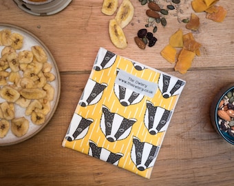 Badger Print Snack Bag, Eco friendly, plastic alternative, made in UK, reusable, food safe,  plastic free, lunch bag, snack pouch, washable