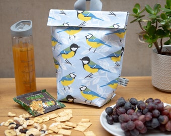 Blue and Great Tit Print Lunch Bag, adults, children's, bird print, school, nursery, work, eco friendly, reusable lunch bag, school gift