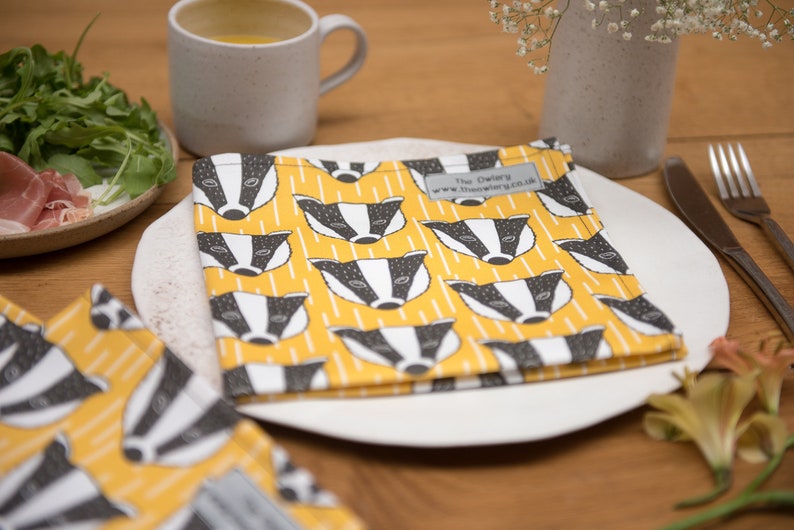 Badger Print Napkin, cotton napkins, table setting, tableware, printed napkins, animal print, table linen, bird print, screen print, table image 2