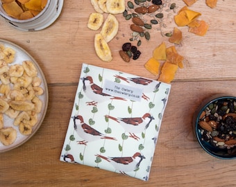House Sparrow Print Snack Bag, Eco friendly, plastic alternative, made in UK, reusable, food safe, plastic free, lunch bag, snack pouch