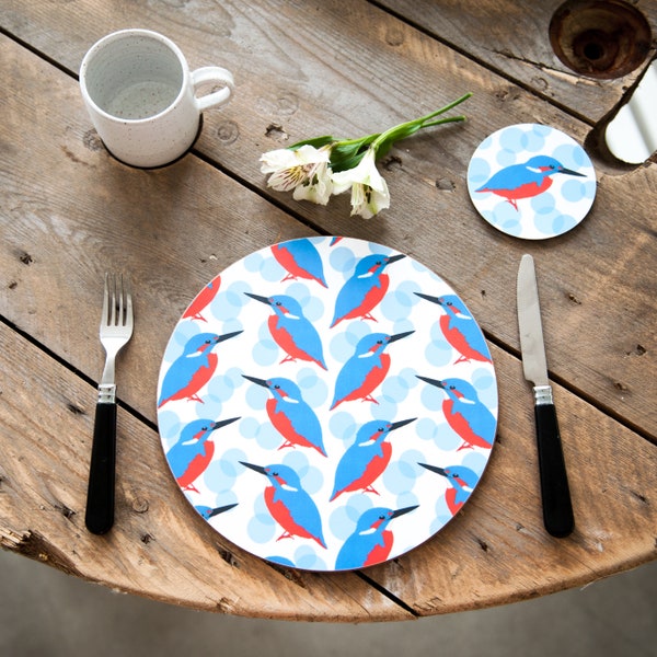 Kingfisher Print Placemat - table mat - melamine placemat - tableware - new home gift - set of placemats - cork placemats - round placemat
