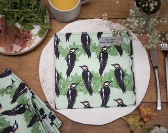 Woodpecker Print Napkin, cotton napkins, table setting, tableware, printed napkins, animal print, table linen, bird print, screen print