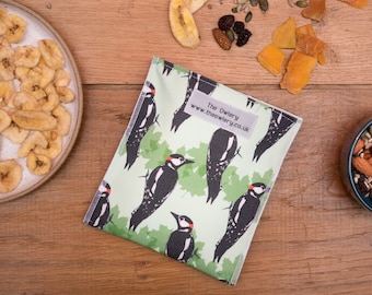 Woodpecker Print Snack Bag, Eco friendly, plastic alternative, made in UK, reusable, food safe, plastic free, lunch bag, snack pouch