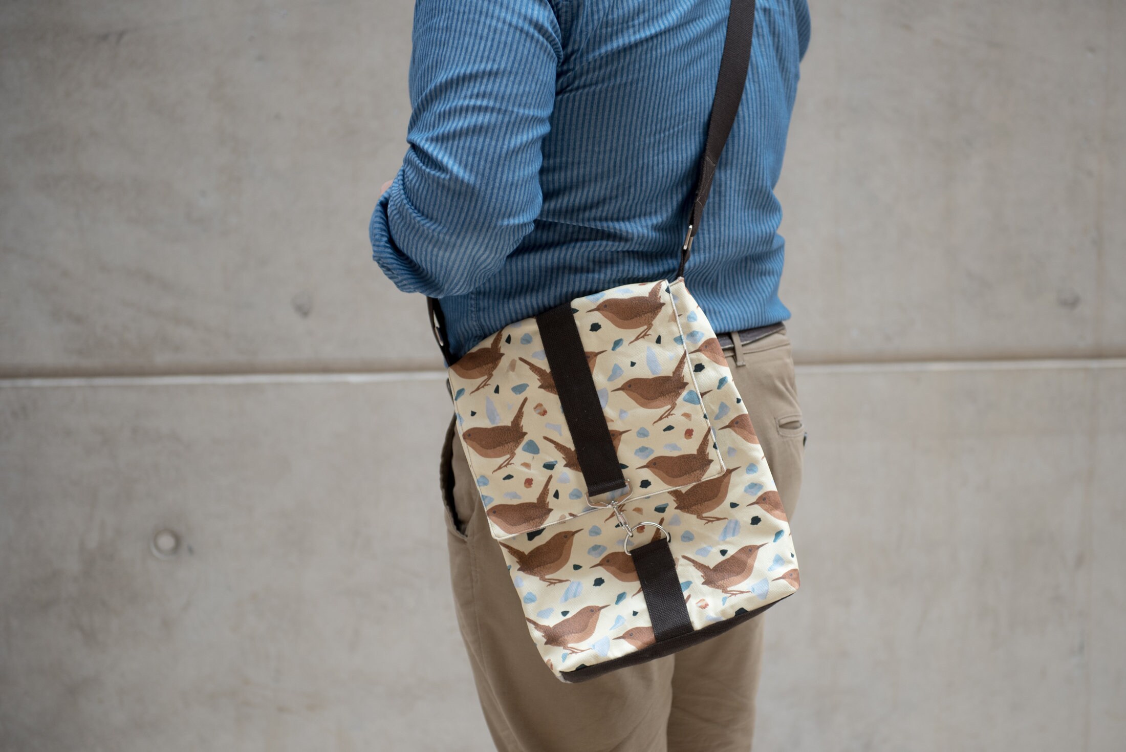 Wren Print Messenger Bag - everyday bag - vegan bag - bag for vegetarians - shoulder - laptop - gift for him, her - cross body - handmade