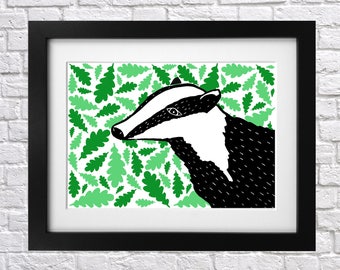 Windy Days Badger Print - kwekerij print - geïllustreerde print - lino print - digitaal - weer - bladeren - dassen - blad - zwart-wit