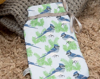 Blue Jay Print Hot Water Bottle - bird gift - water bottle cover - heat pack - gift for mum, grandma, dad - winter warmer - Christmas gift