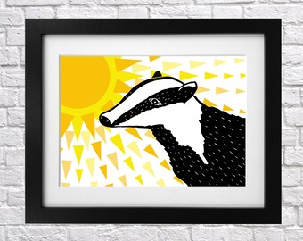 Sunny Days Badger Print - nursery print - illustrated print - lino print - digital - weather - sun - sunshine - black and white - badgers