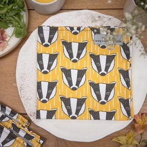 Badger Print Napkin, cotton napkins, table setting, tableware, printed napkins, animal print, table linen, bird print, screen print, table image 1