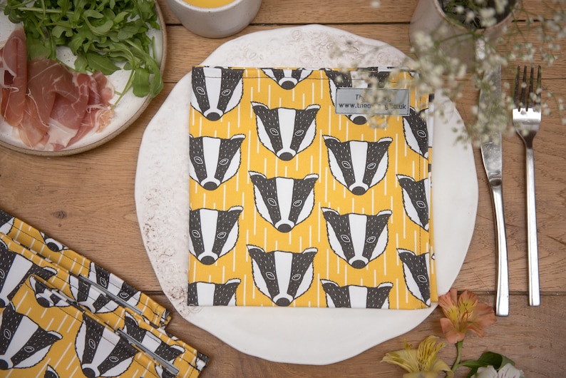 Badger Print Napkin, cotton napkins, table setting, tableware, printed napkins, animal print, table linen, bird print, screen print, table image 1