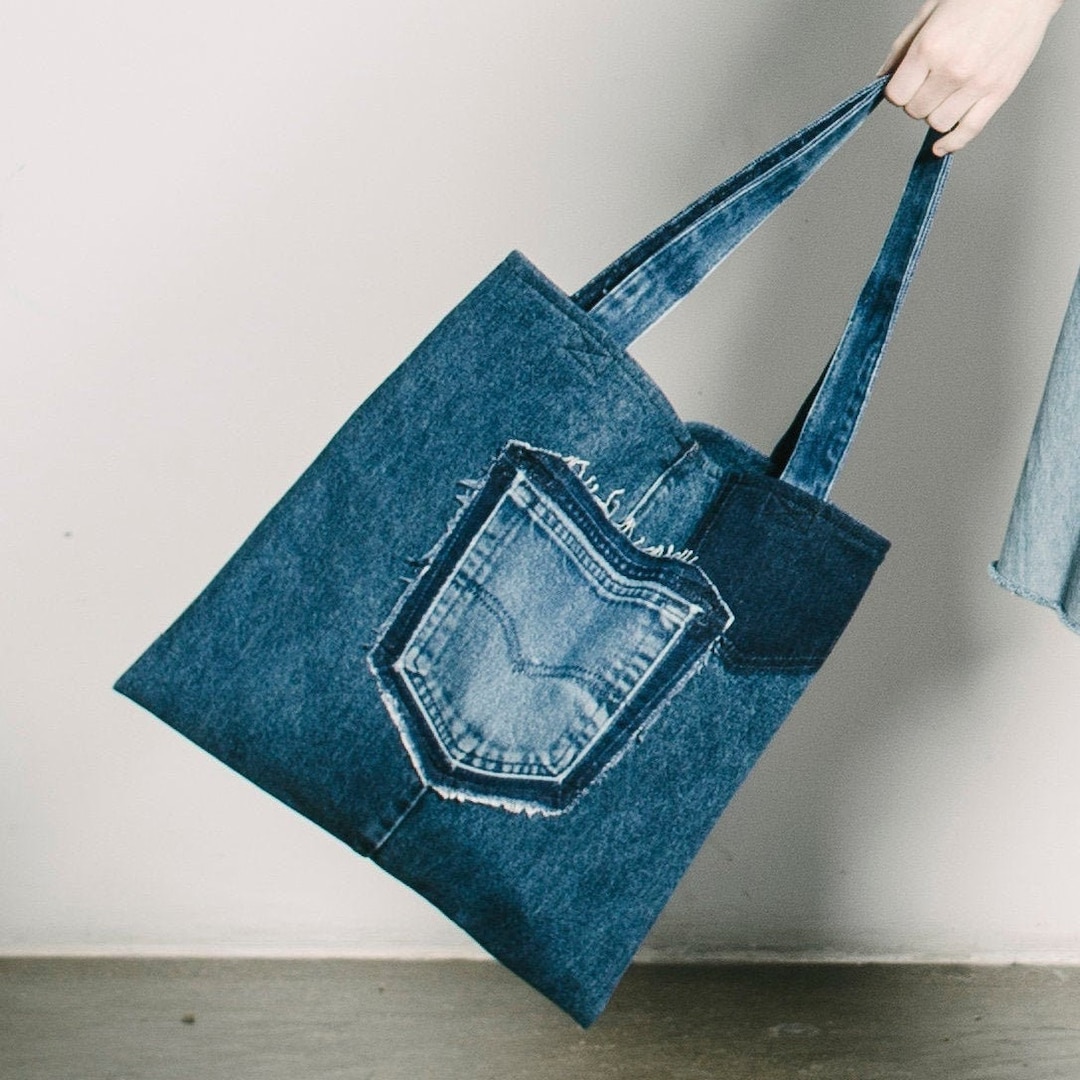 Leather-Trim Indigo Denim Tote