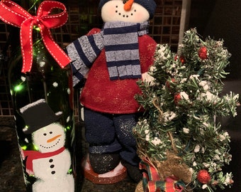 Snowman Wine Bottle - Handpainted Winter Holiday Wine Bottle
