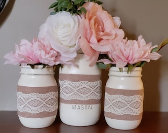 Rustic Country Chic Lace Mason Jar Flower Centerpiece Home Decor, Table Decor, Floral Arrangement