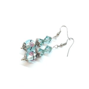 Handmade Pink & Blue Floral Lampwork Crystal Beaded Earrings Handmade with Vintage Glass Lampwork Beads Unique Beaded Drop Dangle Earrings
