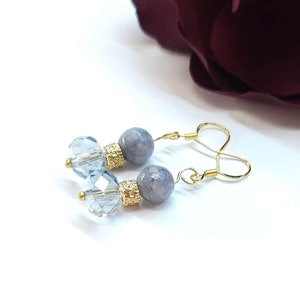 Handmade Light Blue Crystal & Stone Dangle Gold Earrings 18K Gold Plated Beaded Statement Earrings Unique One of a kind Handmade Jewelry