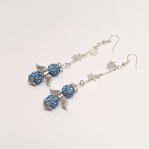 Handmade Blue Crystal Beaded Guardian Angel Dangle Earrings